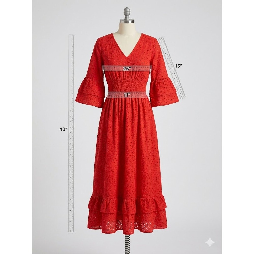 Red Eyelet Lace Midi Dress Smocked Waist Bell Sleeve S Cottagecore Bohemian - Picture 4 of 4